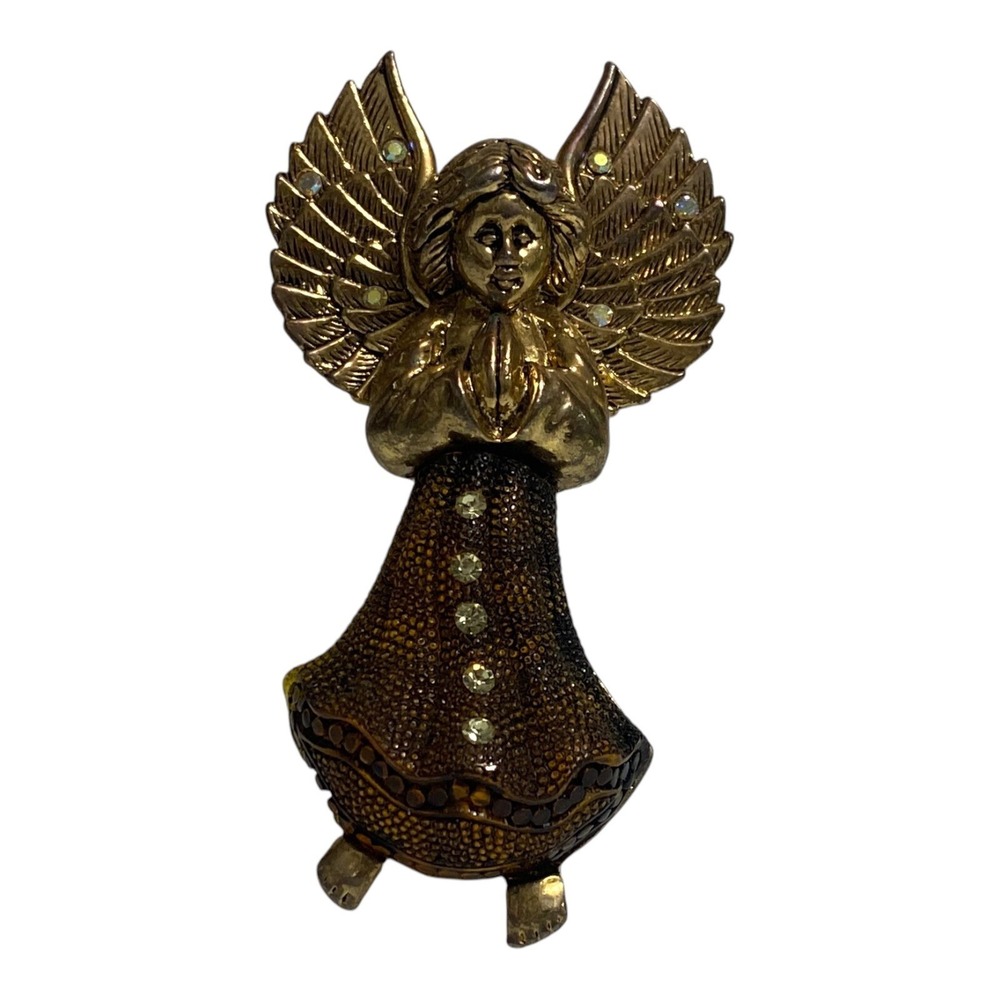 VTG Guardian Angel Amber Gold Tone Brooch Pin 3.5" Praying Figural Religious